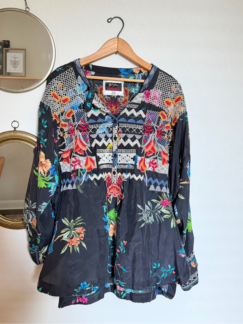 Johnny Was Floral Embroidered Dark Navy V-Neck Blouse